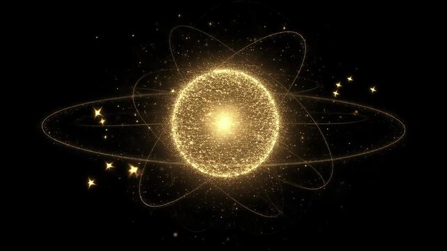 Golden shining atom model with glowing particles and orbital rings representing science and physics