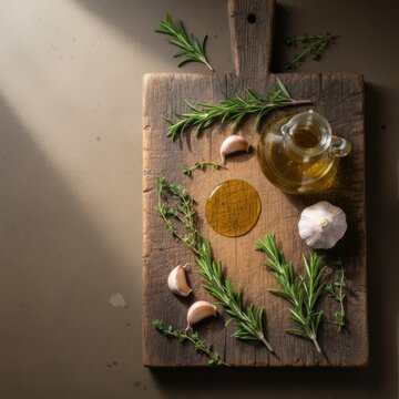 Overhead Composition of Fresh Green Culinary Herbs and Olive Oil on Rustic Dark Wood