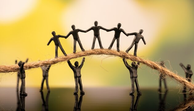 Miniature figures forming a human chain to support a rope bridge.