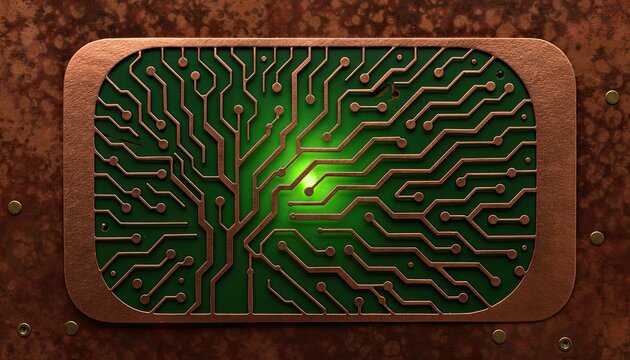 A glowing circuit board pattern set against a textured copper background.