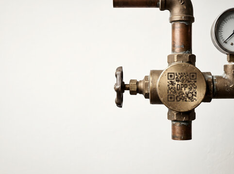 DPP QR Code on Industrial Pipe Valve with Pressure Gauge for Digital Equipment Identification