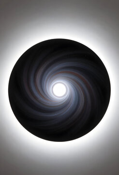 Cosmic singularity and black hole, abstract space vortex with glowing light center and swirling dark matter energy in deep universe galaxy background