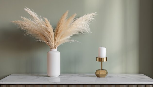 A minimalist arrangement of pampas grass and a single candle on a marble surface.