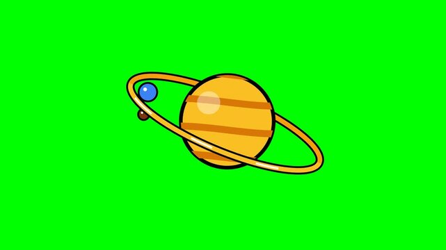High resolution 4K stylized 2D cartoon planet animation featuring a yellow sphere with drifting surface patterns, rotating rings with comic shine effects, and two small orbiting moons on a chroma key