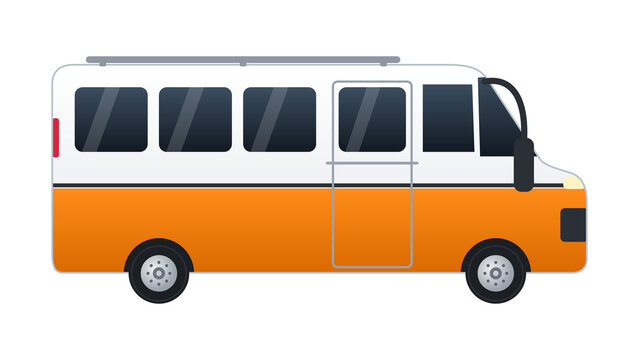 Orange and white minibus shuttle, side view