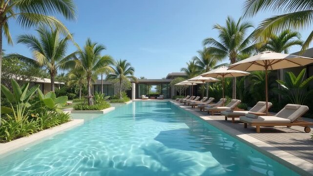 Tropical resort with long rectangular turquoise swimming pool, wooden loungers with beige cushions and umbrellas amid lush palm landscaping.