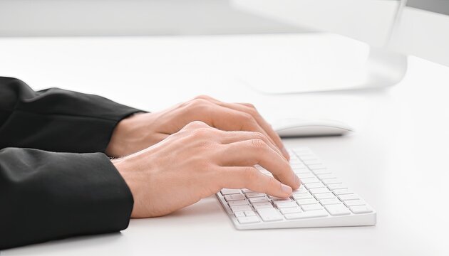 Person typing on a white keyboard with a computer mouse nearby.