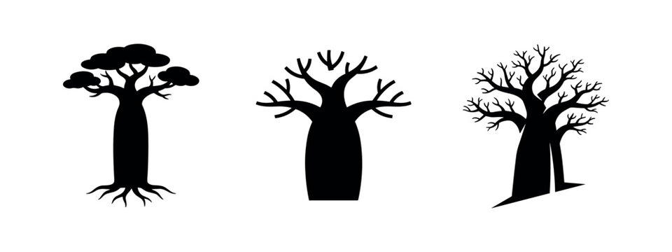 Baobab tree icon set. African tree silhouettes with and without leaves, vector illustration for nature and safari designs.
