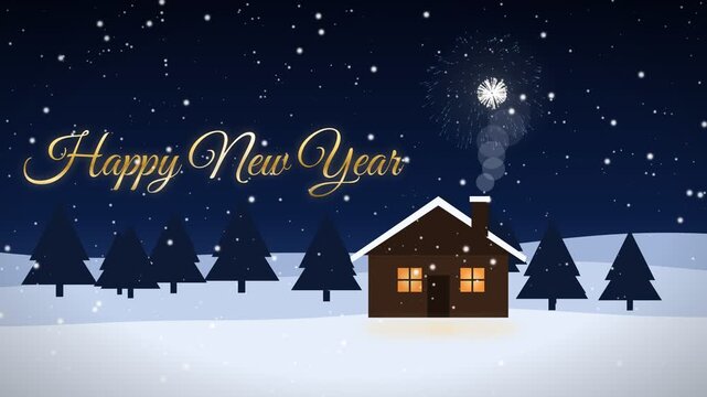 Happy New Year animated video clip showing fireworks over a snowy cabin at night with falling snow and pine trees