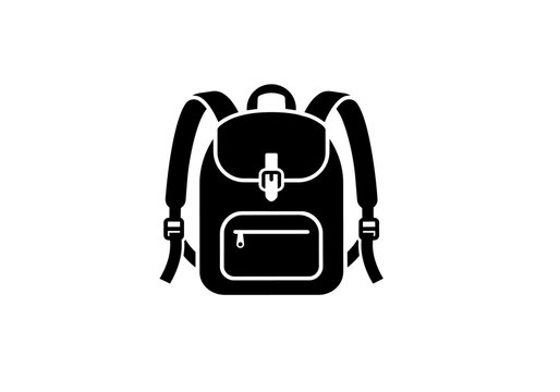 Black school backpack vector icon silhouette isolated on white background. Rucksack bag symbol for back to school, travel, hiking, tourism, and student equipment.