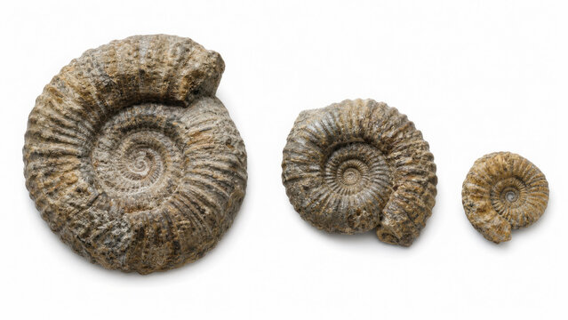 Three fossilized ammonite shells of varying sizes arranged in a row on a generated using ai