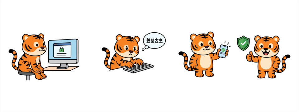 Cute cartoon tiger character series showing computer work, typing, holding mobile phone, and giving thumbs up with security shield icon isolated on white background