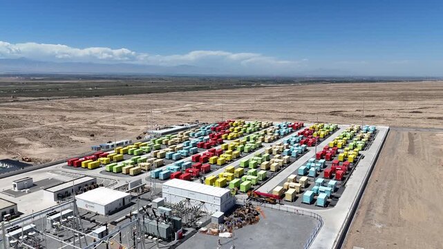 colorful energy storage battery containers arranged in desert landscape