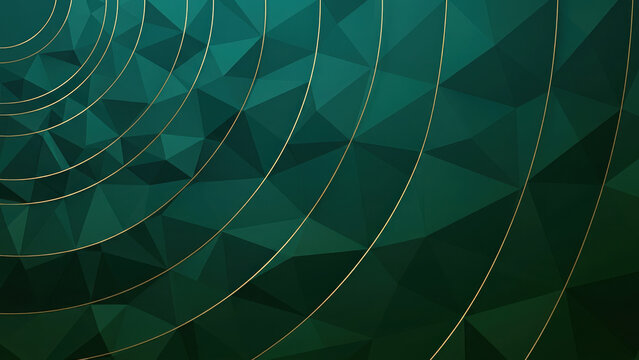 Abstract dark green low poly geometric background, with glowing golden, concentric generated using ai