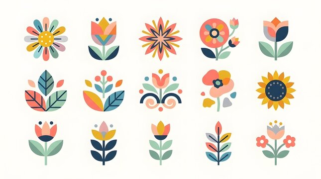 Set of vibrant  abstract floral illust ns featuring various shapes like sunflowers  tulips  and daisies rendered in bold colors and simplified forms