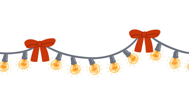 Holiday garland with bulbs and red ribbon bows. Electric bulbs on strings, cozy warm illumination. Christmas, New Year decoration, retro lightbulbs pattern. Flat vector illustration