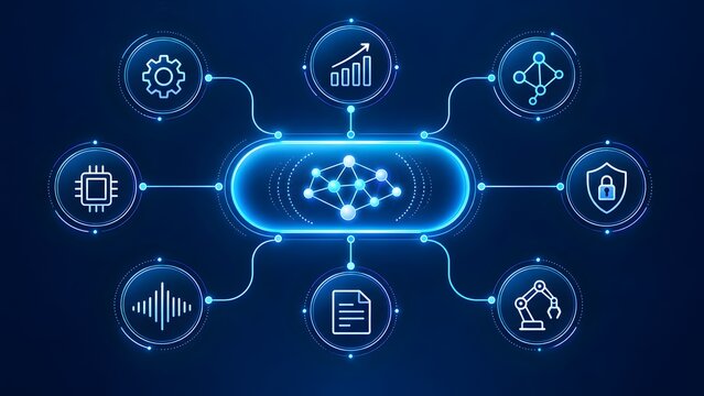 Artificial intelligence ecosystem and neural network hub connected to automation, robotics, cybersecurity, and data analytics icons