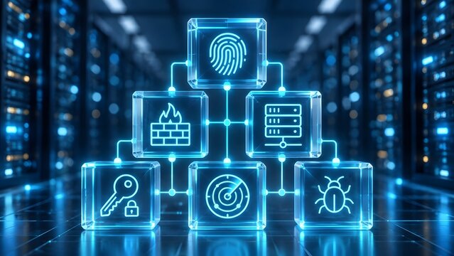 Network security architecture and threat detection system in server room with biometric access, firewall, and malware scanning