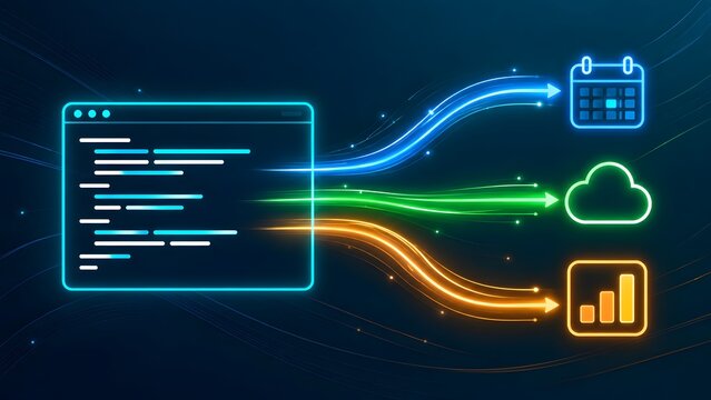 Software development pipeline and data integration concept with code interface streaming to calendar, cloud storage, and analytics