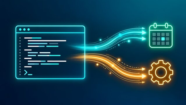 Automated task scheduling and workflow configuration concept with glowing code terminal connecting to calendar and settings gear