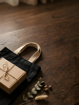 Brown paper parcel box tied with twine string sitting next to a black tote bag on a wooden table dried flowers wooden surface cotton bag