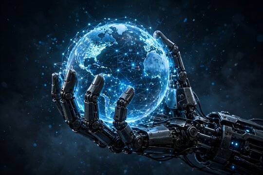 Robot hand holding glowing network globe, global AI concept