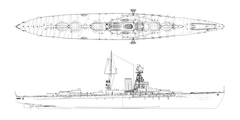 Obraz premium Detailed blueprint drawing of a battleship on white background, showing hull, superstructure, armed cannons, and military warship features from the side.
