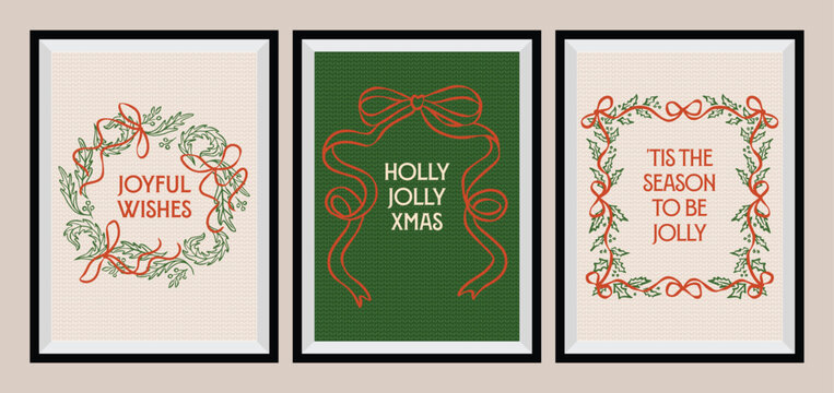 Christmas greeting cards with whimsical holiday ornaments and lettering