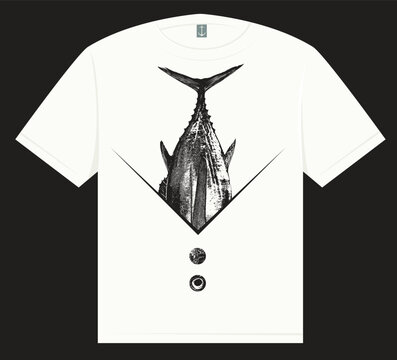 Vintage grunge vector T-shirt design with a large stylized fish in an engraved monochrome style. Suitable for apparel, fishing merchandise, posters, prints and nautical design.