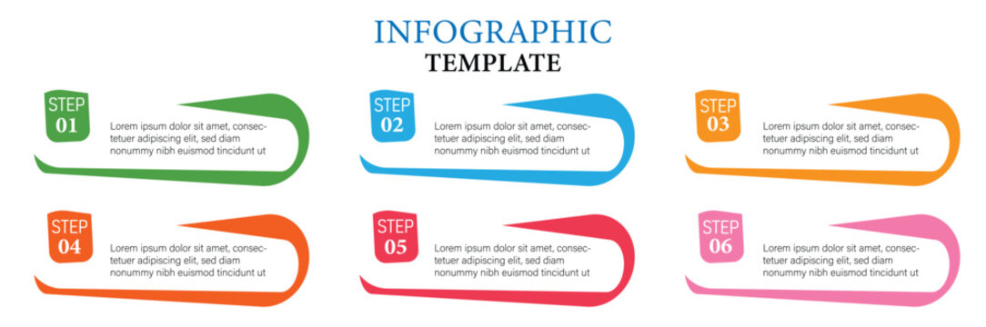 6 Steps Infographic Template Vector - Colorful Curved Banners, Business Process Diagram, Timeline Workflow Chart Layout
