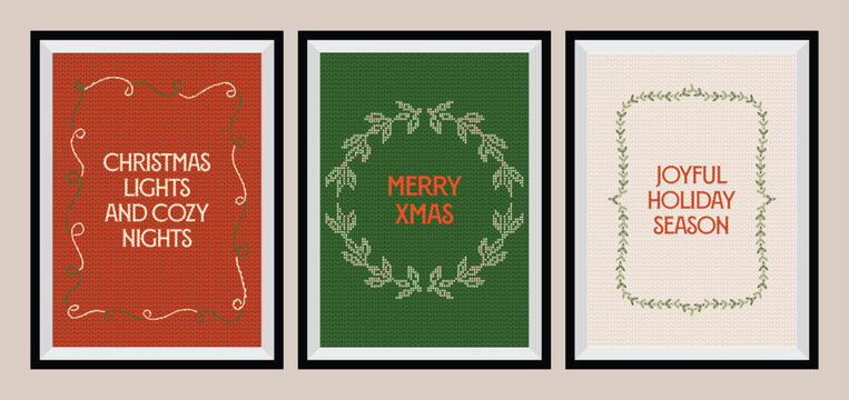 Christmas greeting cards with whimsical holiday ornaments and lettering