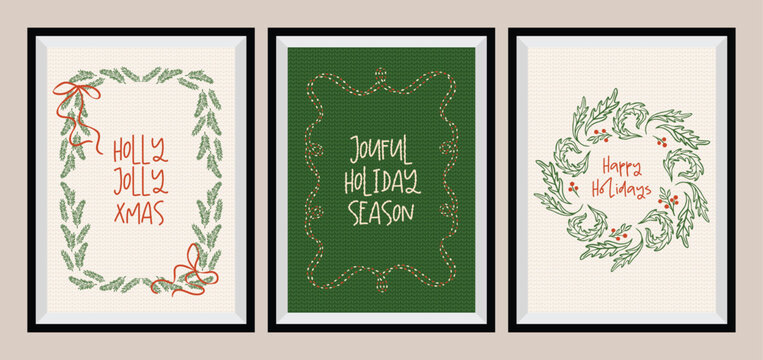 Christmas greeting cards with whimsical holiday ornaments and lettering