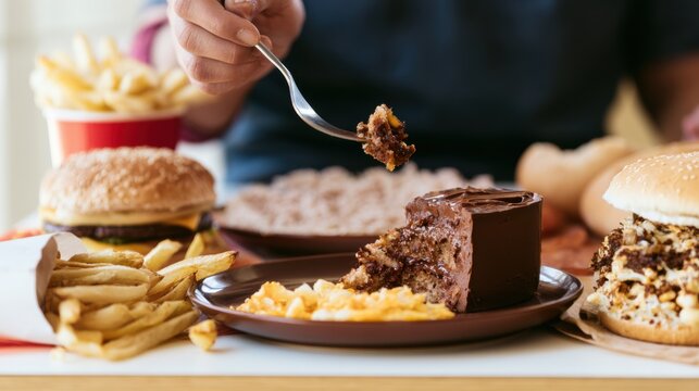 Feast of burgers, fries, cake, and snacks on a table during a casual gathering