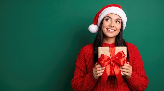 Smiling young woman wearing a santa hat holds a beautifully wrapped gift against a green background