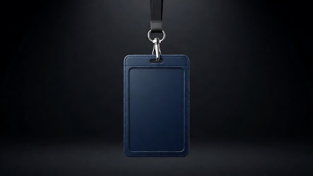 Blank blue leather ID card badge holder with black neck lanyard strap isolated on dark background, professional corporate identity mockup for office security access or event pass identification.