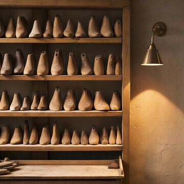 Wooden shoe lasts arranged on shelves in a cobbler workshop. Traditional shoemaker tools and molds. Warm light from a wall lamp with copy space for text