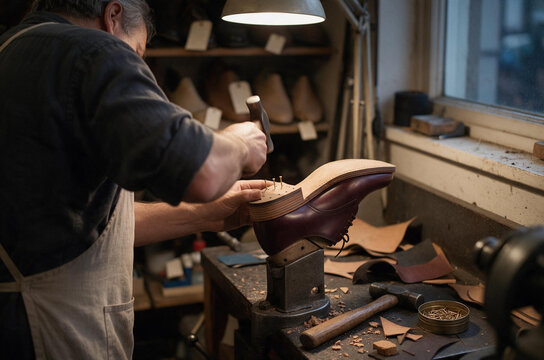 Male cobbler repairing a leather shoe with a hammer in a rustic workshop. Traditional shoemaker fixing footwear on a workbench. Craftsmanship and manual labor concept
