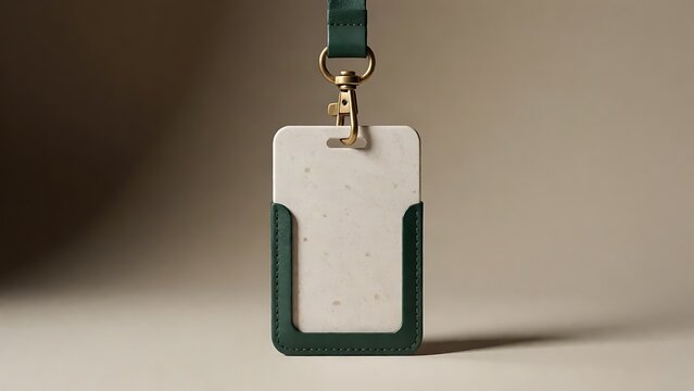 Elegant Dark Green Leather ID Card Holder with Brass Clip and Blank White Card Isolated on Minimalist Neutral Background, Professional Corporate Office Badge Mockup