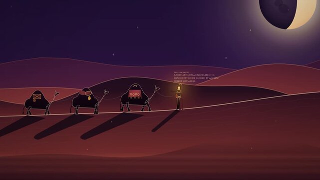 2D animation of a nomad holding a lantern leading a dromedary camel caravan through the desert sand dunes at night under a starry sky and crescent moon, traditional Arabian journey