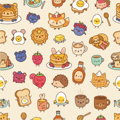 Obraz premium Cute kawaii breakfast characters seamless pattern with food icons.