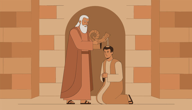 Elderly bearded man in brown robe pours oil from a horn onto the head of a kneeling young man.