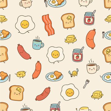Minimalist kawaii breakfast food doodle seamless pattern.
