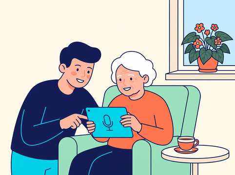 Grandson Teaching Senior Grandmother Digital Tablet Skills Vector
