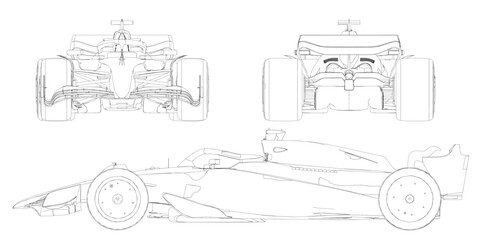 Obraz premium Detailed blueprint of a racing car on a white background, showing intricate black and white line art of the headlights, grille, and wheels for fast sport design.