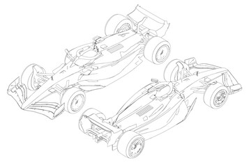 Obraz premium Two sleek racing cars in black outline on a white background, shown in isometric view with visible wheels, headlights, and aerodynamic design. Isometric view