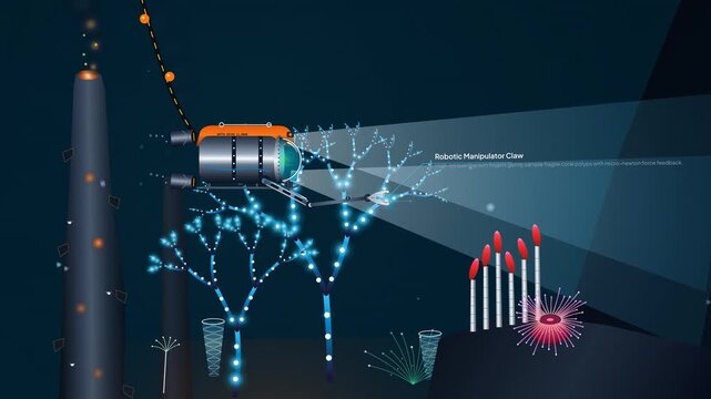 Deep sea submersible exploring a hydrothermal vent in an oceanic trench, animated illustration showing robotic arms collecting samples among tubeworms and anemones