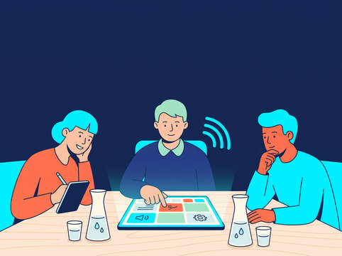 Nonverbal Leader Using AAC Speech Tablet in Meeting Vector