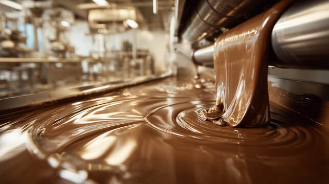 Close-up of glossy melted chocolate flowing from industrial equipment in a modern confectionery factory, illustrating automated chocolate manufacturing, food processing technology, and commercial prod