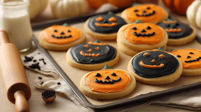 Colorful Halloween sugar cookies decorated with smiling pumpkin, monster and spooky faces in orange, black and gray icing, displayed on a baking tray with festive decorations.
