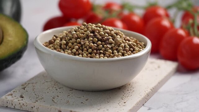 A close up cinematic shot of coriander seeds in a white bowl with fresh avocado and vibrant red tomatoes in the background on a marble table, showcasing healthy ingredients.